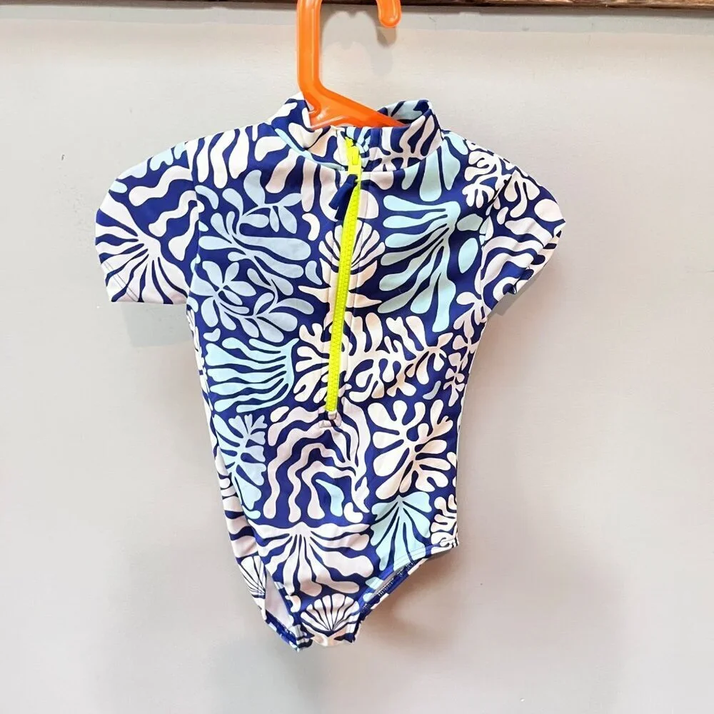 Boden Kids Short Sleeve Zip-Up Swimsuit 3-4Y Blue & White Sea Life‎ Print